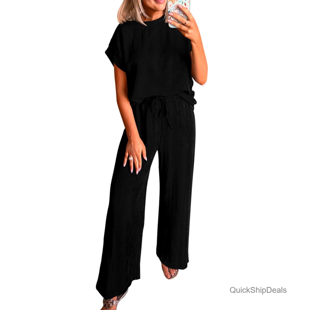 Ribbed Knit Lounge Set With Wide Leg Pants, Short Sleeve Top